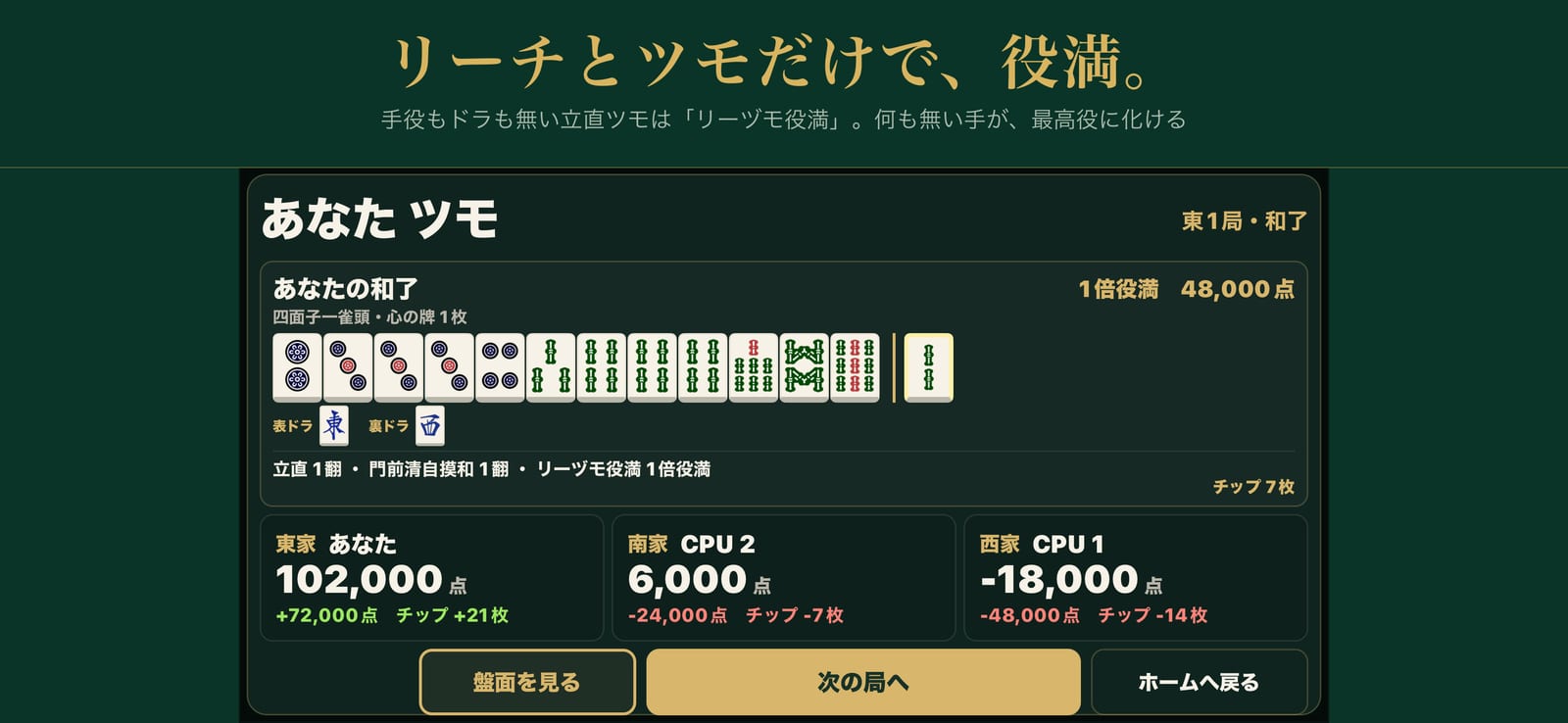 リーチとツモだけで、役満。